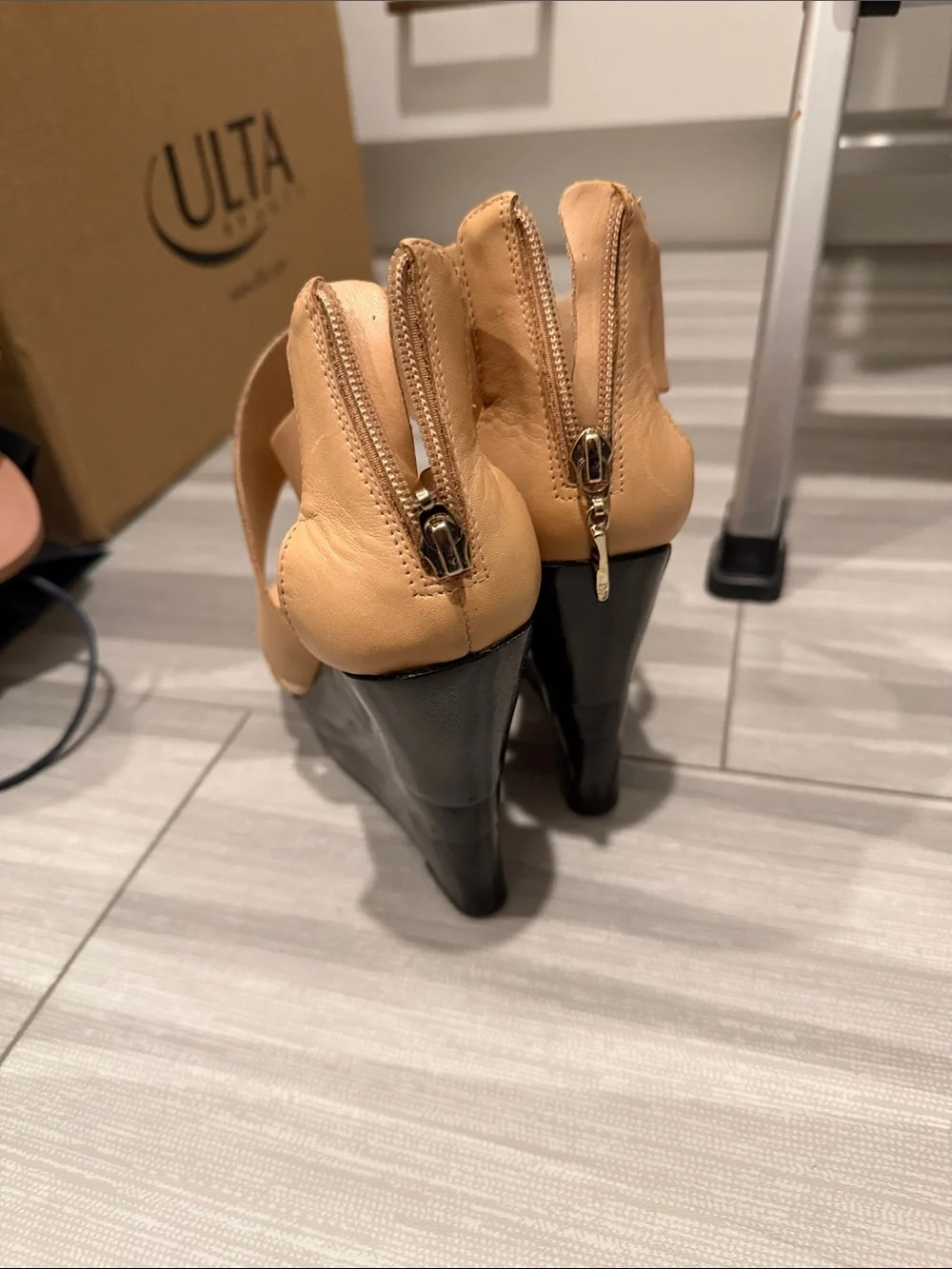 Diane Von Furstenberg Tan and Black Leather Crisscross Wedge Sandals